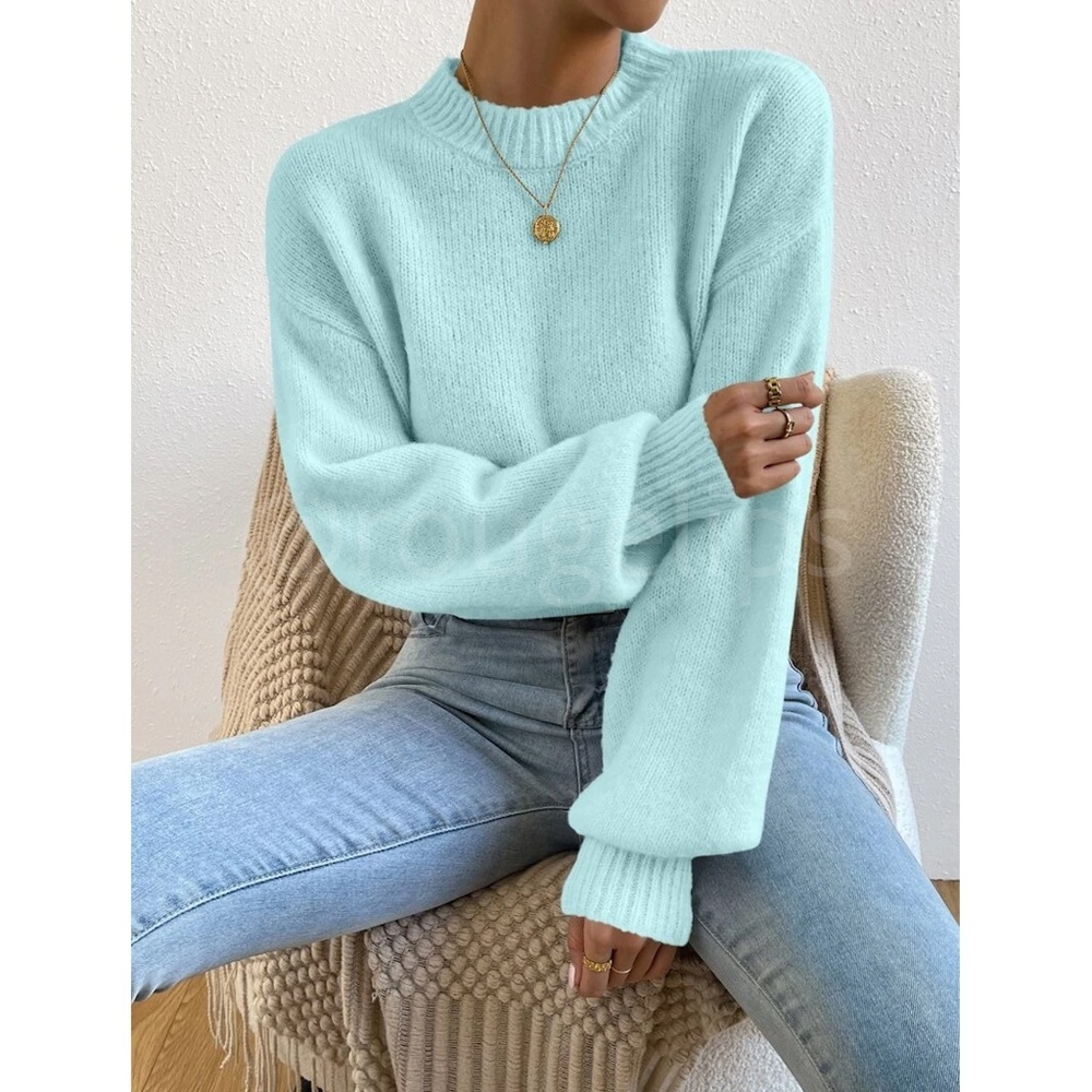 Mint Blue Soft Sweater Pullover Long Sleeve Drop Shoulder
